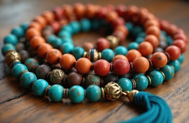 Close-up of mala beads. Multi-colored beads made of stone or wood. Yoga meditation tool. Turquoise, orange, red colours. Buddhism Hinduism religion spiritual zen lifestyle.