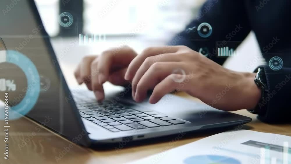 Poster man hands typing on a laptop computer with financial data and charts on screen. business analysis co