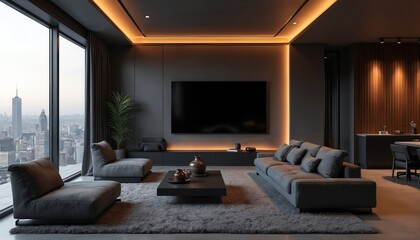 Modern living room with city view. Dark furniture includes large TV sofa. Minimalist interior with concrete wall decor. Cozy design, home luxury, apartment, contemporary lifestyle.