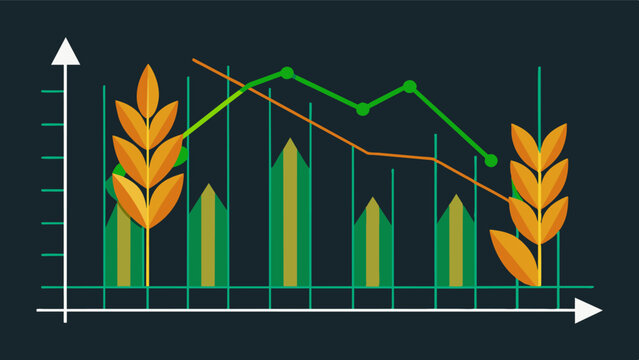 A line graph displaying the decrease in crop yields over time with each line representing a different type of crop and highlighting the overall downward trend.. Vector illustration
