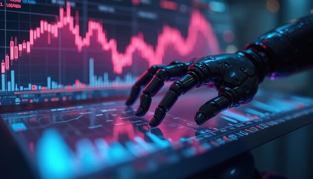 Robotic hand analyzes financial data, stock market charts on screen. Futuristic technology, ai automation of business. Investment, economics, digital transformation, ai, finance future concept. - Powered by Adobe