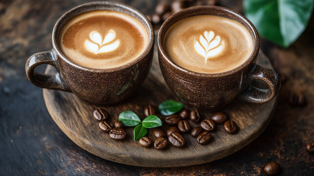 cup of coffee with beans on wooden table - Powered by Adobe