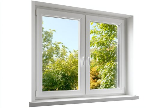 Fototapeta  White pvc window showing colorful autumn trees