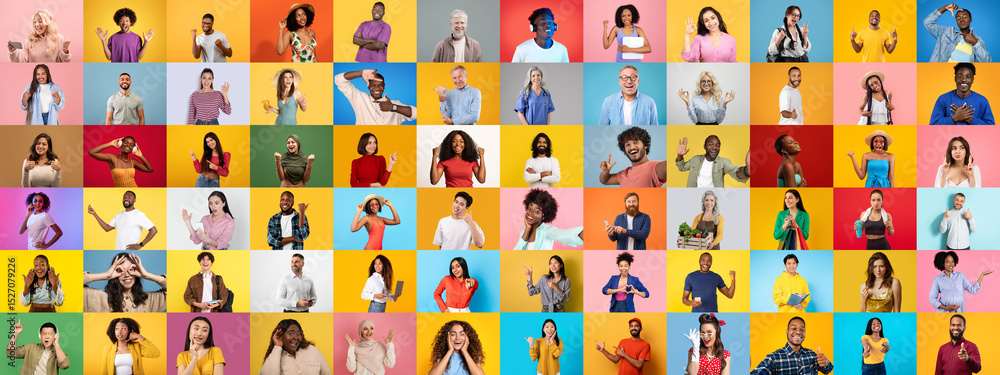 Poster a vibrant collection of diverse individuals expressing joy and connection through various poses agai