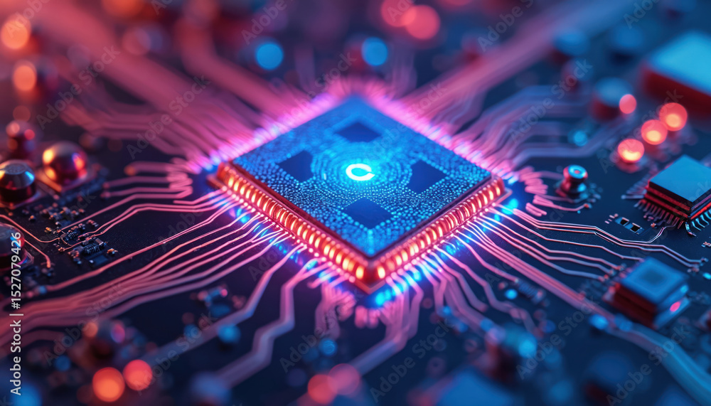 Poster close-up view of photonic integrated circuit microchip. optical components for advanced networks. hi