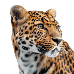 Side view of a spotted African leopard, isolated on a white background, featuring its powerful muscular build, distinctive rosette-patterned fur, and focused gaze