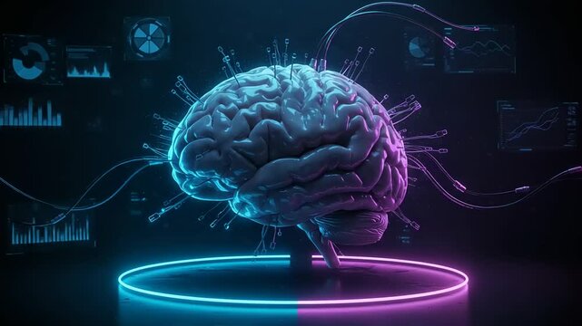 3D model of a human brain with glowing neon lights and digital interface overlays. - Powered by Adobe