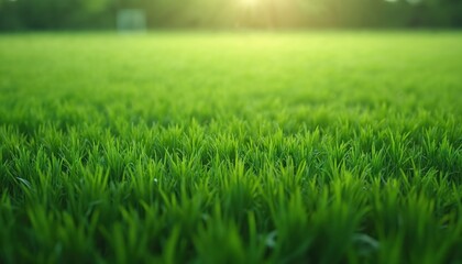 Fototapeta premium Green grass field background for soccer football sports. Green lawn pattern texture background. Close-up shot of fresh green grass blades creating natural texture, ideal for sports or nature themes.