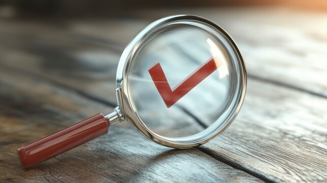 Red checkmark magnified on wooden surface.