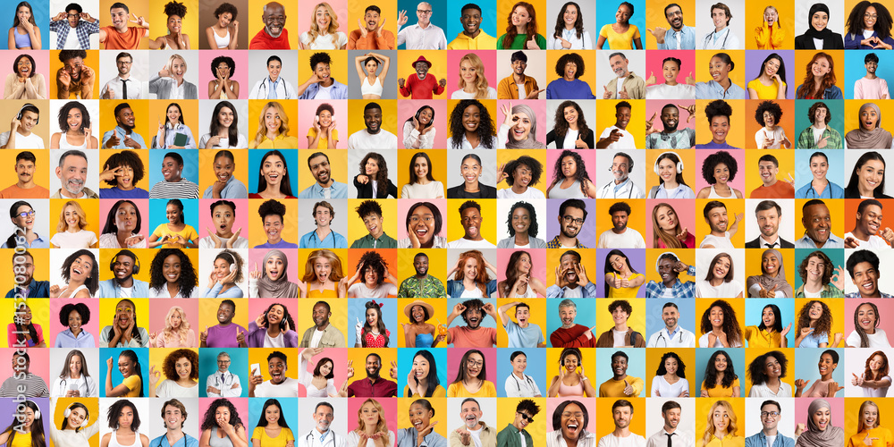 Poster a collection showcasing faces of diverse individuals from various backgrounds, radiating joy and uni