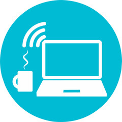Laptop with coffee and online wifi for remote work blue round icon. 