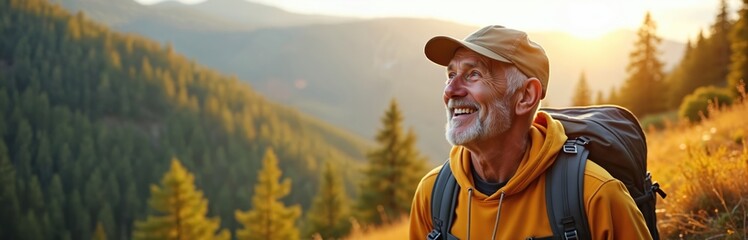 Happy old hiker with backpack enjoys mountain top forest view. Senior man with cap smiles looking at landscape. Retired person on nature walk outdoor in sunlight.