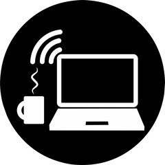 Laptop with coffee and online wifi for remote work black round icon. 
