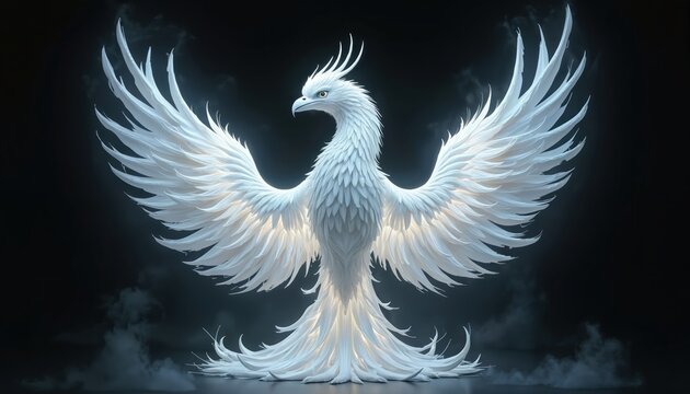 Majestic white phoenix bird with huge wings, depicted against dark background. Mythical firebird fantasy creature rising from ashes. Magic, rebirth concept. Symbol of hope, transformation, renewal.