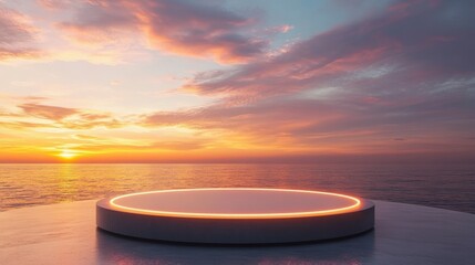 Illuminated circular platform over ocean at sunset.