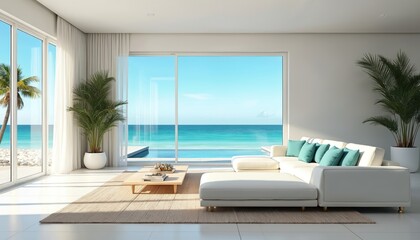 Luxurious living room overlooking tropical ocean view. White sofa turquoise pillows. Sliding glass doors, palm trees, ocean. Holiday resort, vacation rental house. Modern interior design, bright