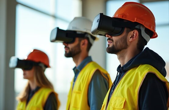 Construction workers use VR headsets for safety training, work simulations. Man, woman wear safety vests, hard hats. Modern tech, innovative training. Digital skill development, workplace safety.