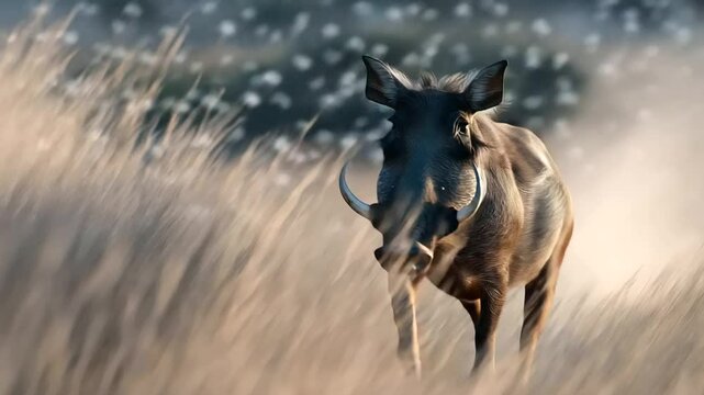 A swift aarthog running through tall grass with birds scattering