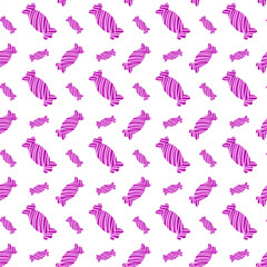 Seamless striped Candy in fun bright wrapper. Cute doodle seamless pattern of caramel in violet, purple. Great for Candy-related themes, wrapping paper or party backgrounds. Enjoy candy and have fun