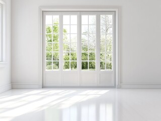 Classic white french window illuminating empty room with garden view