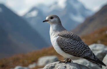Fototapeta premium Rock Ptarmigan bird sits on rock in mountains. White, grey plumage of wild arctic bird. Wildlife, nature, avian, outdoors. Freedom, peace, tranquility concept. Beautiful nature photo for travel