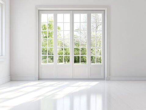 Fototapeta Classic white french window illuminating empty room with garden view