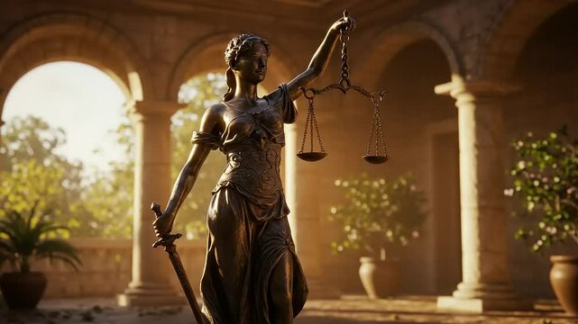 Statue of Justice in a Courtyard