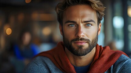 This portrait showcases a handsome man with captivating blue eyes and a serious expression.