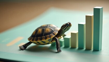 Turtle crawls toward rising bar graph. Symbolizes slow steady path to success, growth. Represents perseverance overcoming obstacles. Business concept of achievement, progress. Financial upward trend.