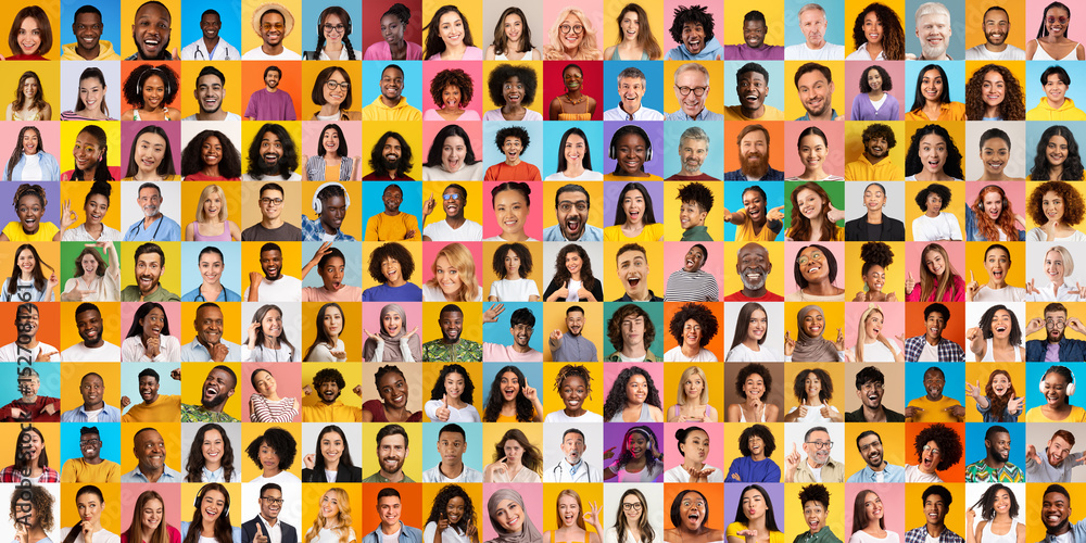 Poster a vibrant collage of diverse, multiracial individuals, each displaying unique expressions and styles