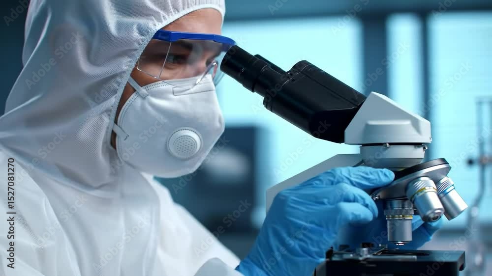 Poster woman scientist using microscope in laboratory. researcher in protective suit and mask examining sam