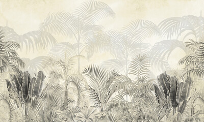 Minimalist Nature Wall Mural: Faded Gray Palms, Birds & Jungle Foliage © csinie1
