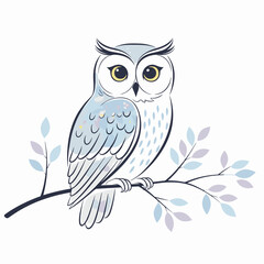 Cute owl sitting on a branch with pastel leaves  