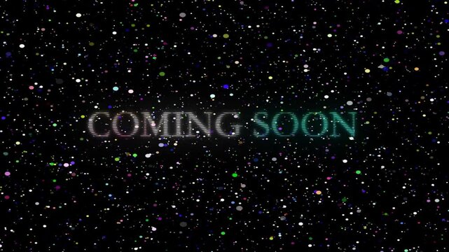 Coming soon, starburst, rainbow cosmic, text, word art, title, sequence, video, animation, motion graphics, black background with stars