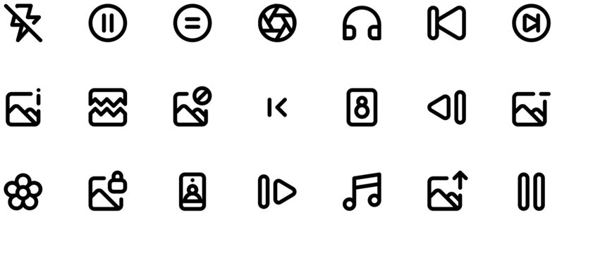 Minimalist black and white vector icons for music and media players, featuring play, stop, blog, and track controls on white background.