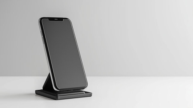 Wood phone stand on gray  background, minimalist design with smooth finish and angled slot for holding devices.
