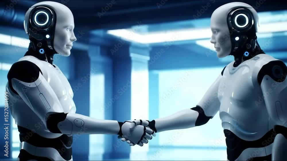 Poster two robots shaking hands. artificial intelligence collaboration and partnership for future technolog