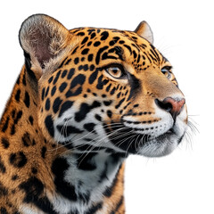 Obraz premium Side view of a spotted jaguar, isolated on a white background, showcasing its muscular body, distinctive rosette-patterned coat, and powerful stance, captured in realistic detail for wildlife