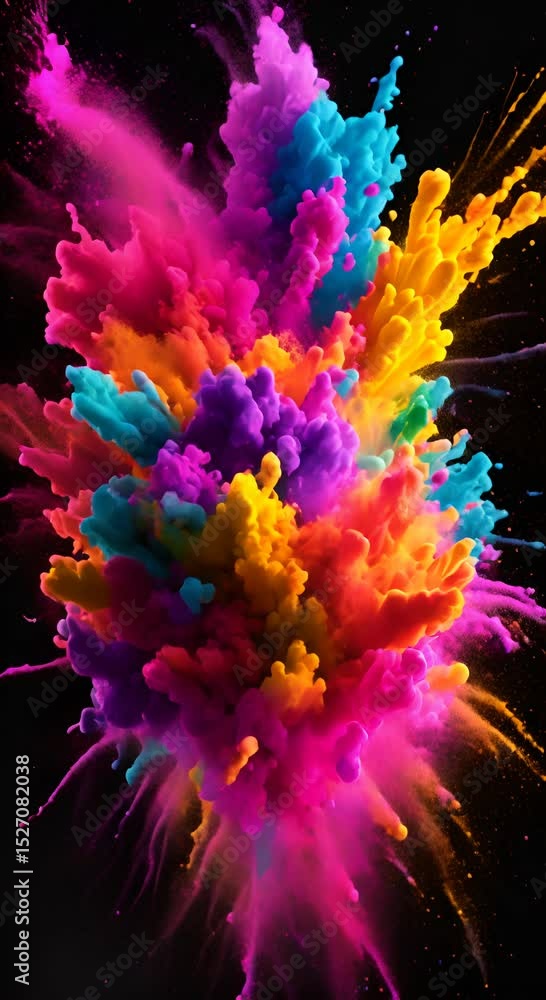 Poster explosion of bright colorful paint on black background burst of multicolored powder abstract pattern