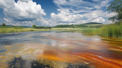Serene river landscape with vibrant orange and brown water reflecting clouds and greenery under a bright blue sky.