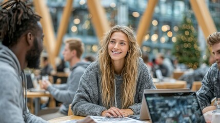 Smiling woman working with laptop in modern cafe