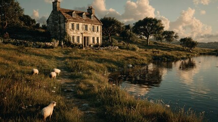 Stone House by the Lake with Sheep