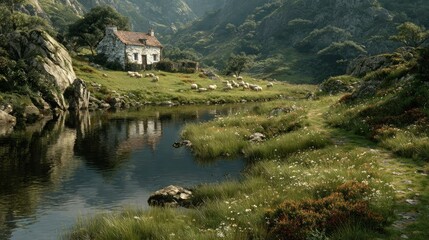 Stone Cottage by the River with Sheep and Mountain Scenery