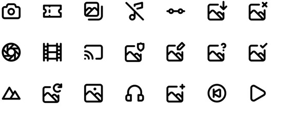 Minimalist video editing icons set with film strips, cameras, and UI symbols in simple black line design on white background