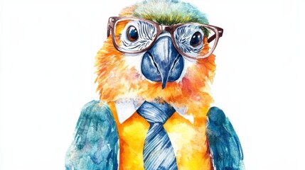 Watercolor painting of a parrot wearing glasses and a tie.