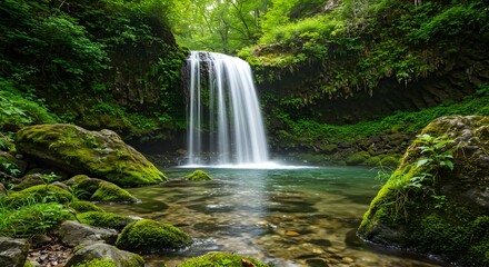 Serene Waterfall Cascading Through Lush Green Forest