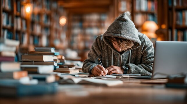 Student Studying in Library with Laptop and Books
