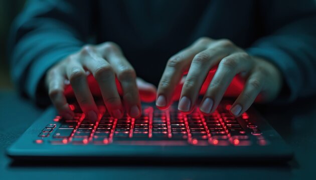 Hands typing on a red backlit keyboard. Focus on technology digital communication. Person using laptop in low light. Online activity cyberspace concept, internet tech.