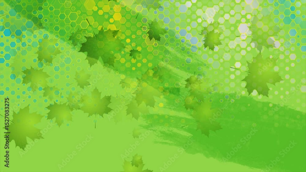 Poster green modern summer background with maple leaves and geometric hexagons. seamless looping motion des