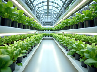 Vertical farm inside a modern greenhouse, vegetables growing on LED-lit shelves